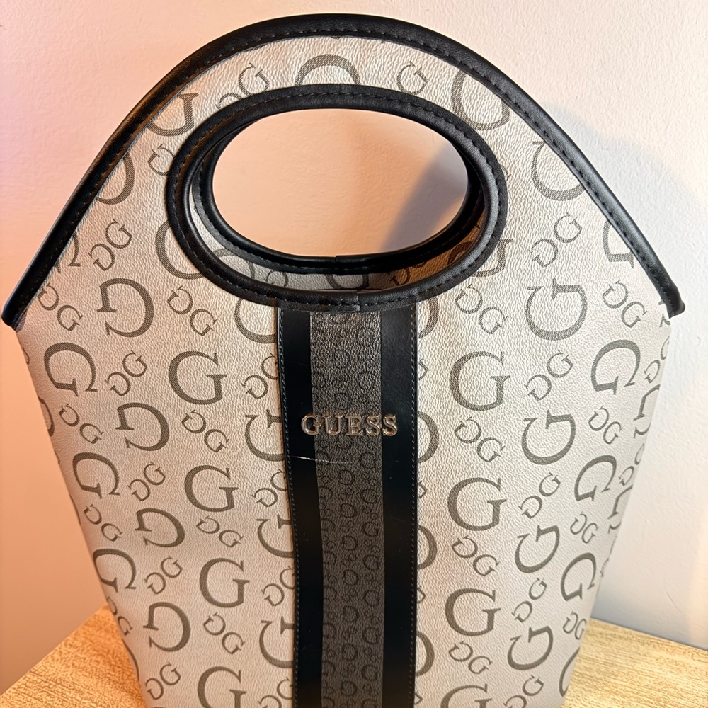 GUESS Monogrammed Gray and Black Tote